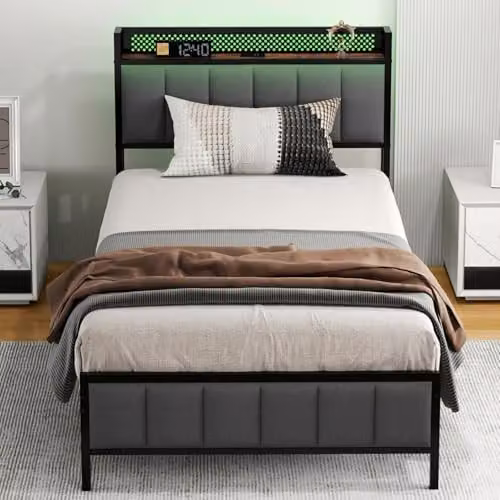 Levede Single Upholstered Bed Frame in Grey with LED Lighting and USB Charging Port, W/D/H: 90 x 200 x 100 cm – 6