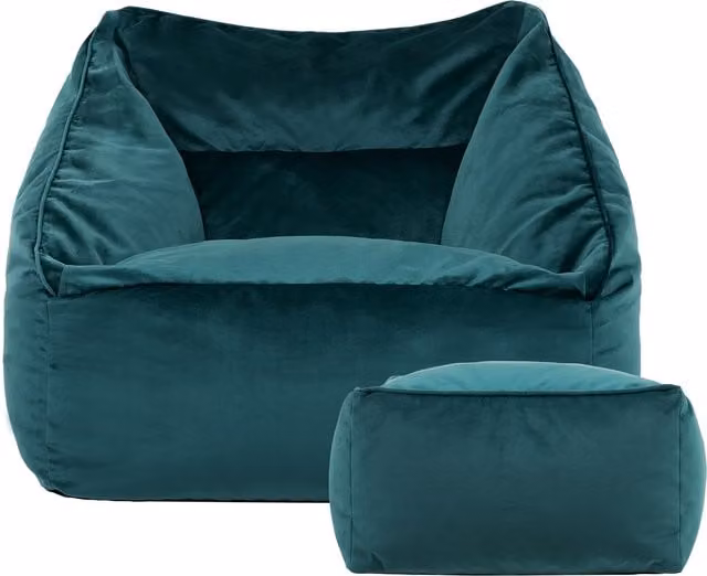 ICON Natalia Velvet Adult Bean Bag Armchair and Footstool in Petrol Blue – 1