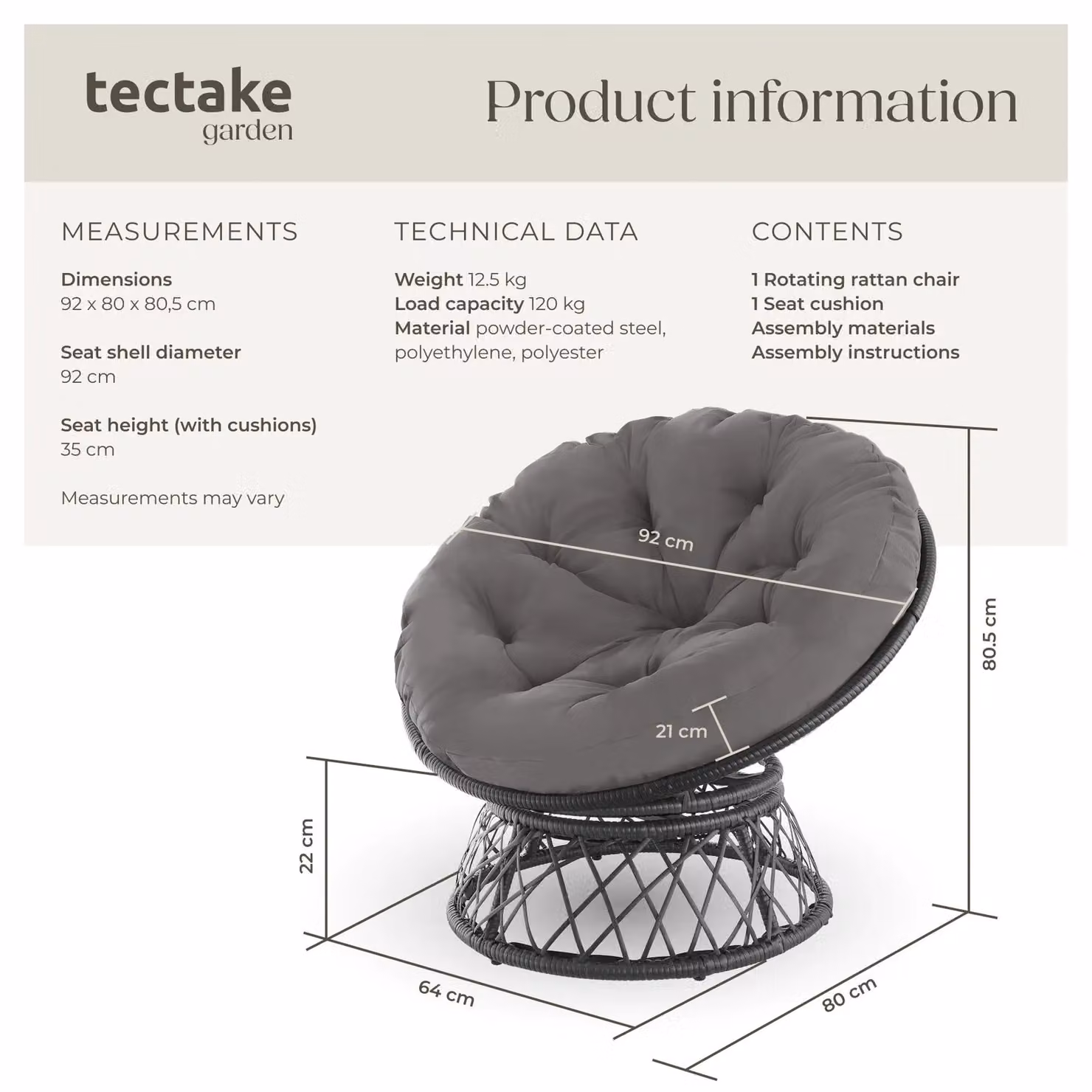 tectake Gargano Egg Garden Chair in Black with Grey Cushions and 360 Degree Swivel Metal Frame – 6