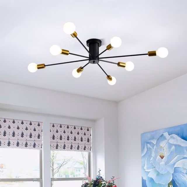 NIVOR 8-Light Industrial Mid Century Flush Mount Ceiling Chandelier in Black and Gold/Brass – 1