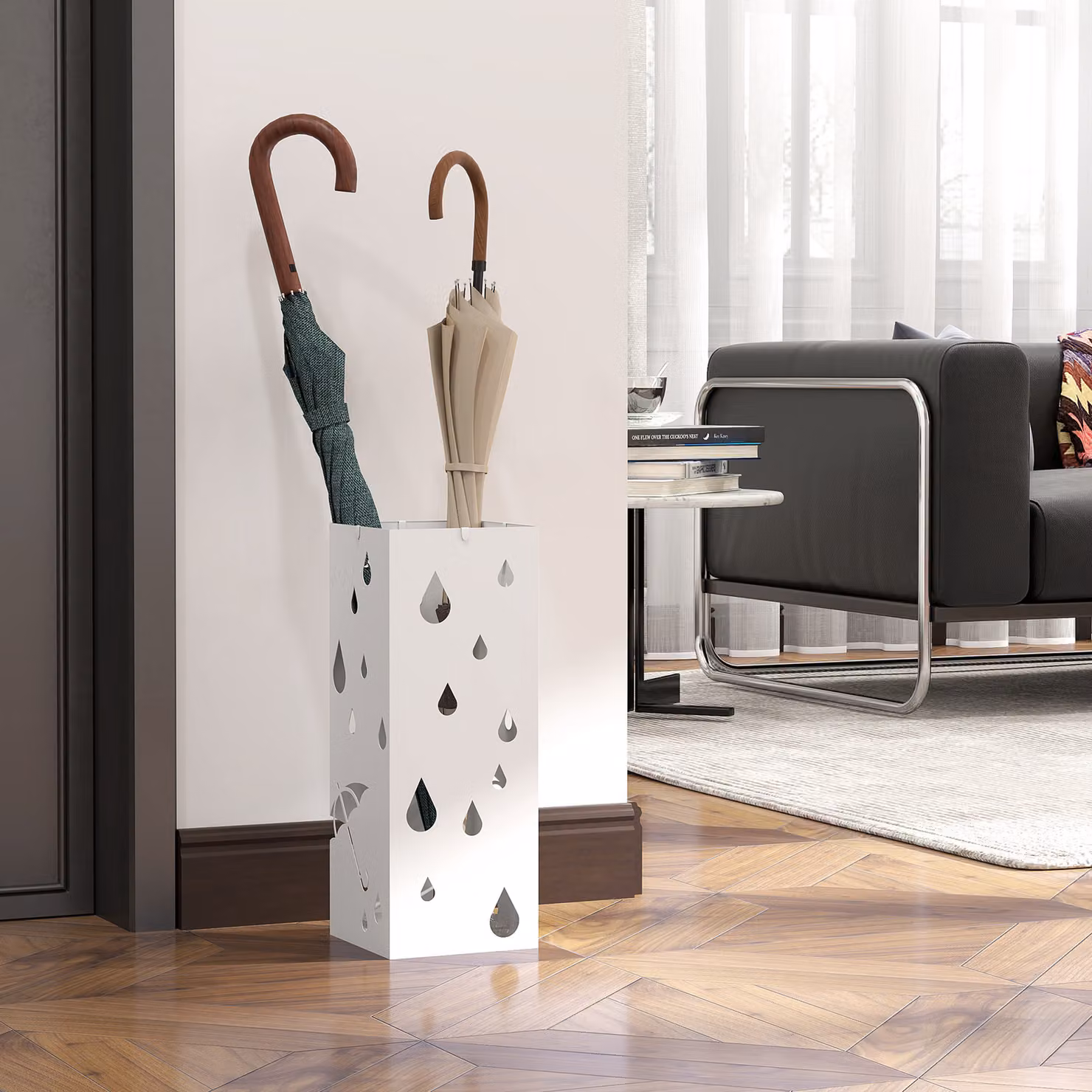 HOMCOM White Steel Six-Umbrella Holder Stand with Removable Tray – 6