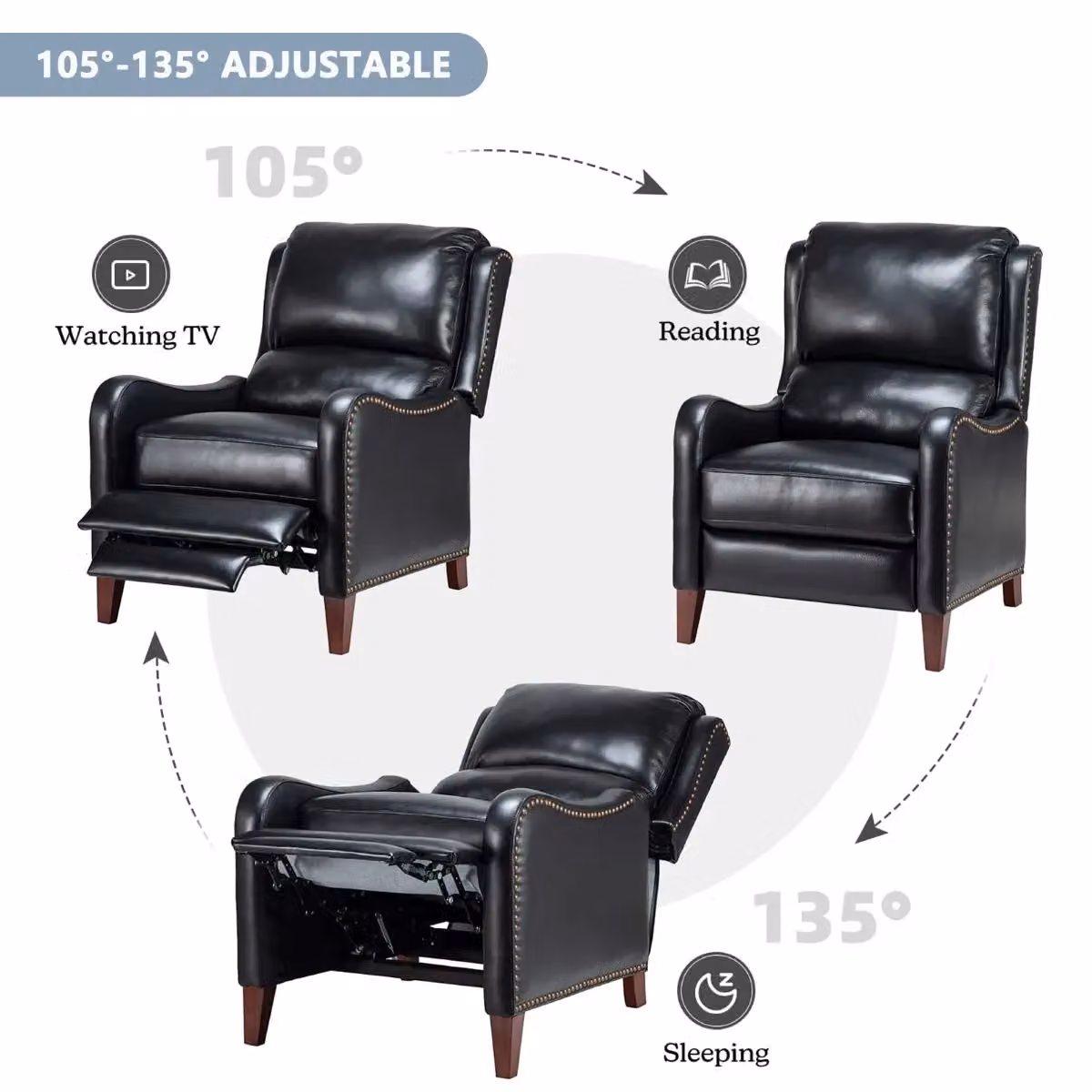 FURNITURE ONE Black PU Leather Push Back Recliner Armchair with Solid Wood Frame – 2