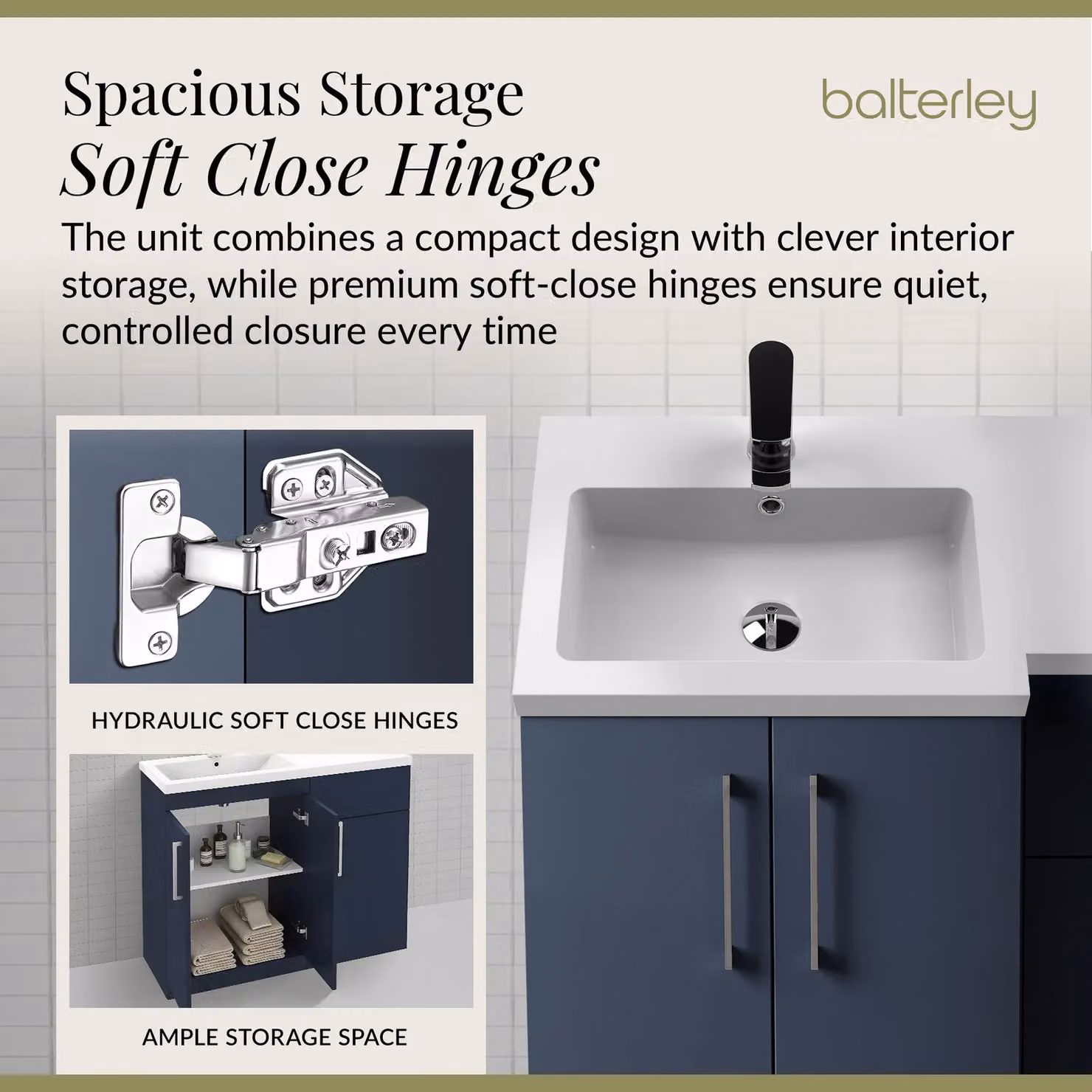 Balterley Midnight Blue Left Hand Bathroom Vanity Basin and WC Unit with Soft Close Doors, Width: 110 cm – 3