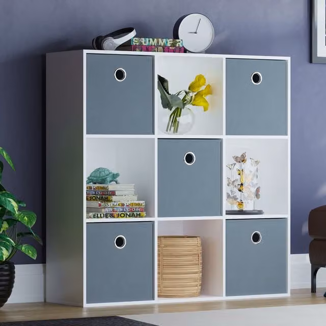 Vida Designs Durham 9 Cube Storage Unit in White with 5 Grey Baskets