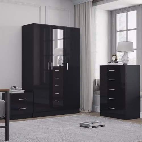 Reflect Modern Bedroom Furniture Set in Black Gloss and Black Oak Finish, including 3 Door Mirror Wardrobe, 5 Drawer Tallboy Chest and Bedside Table