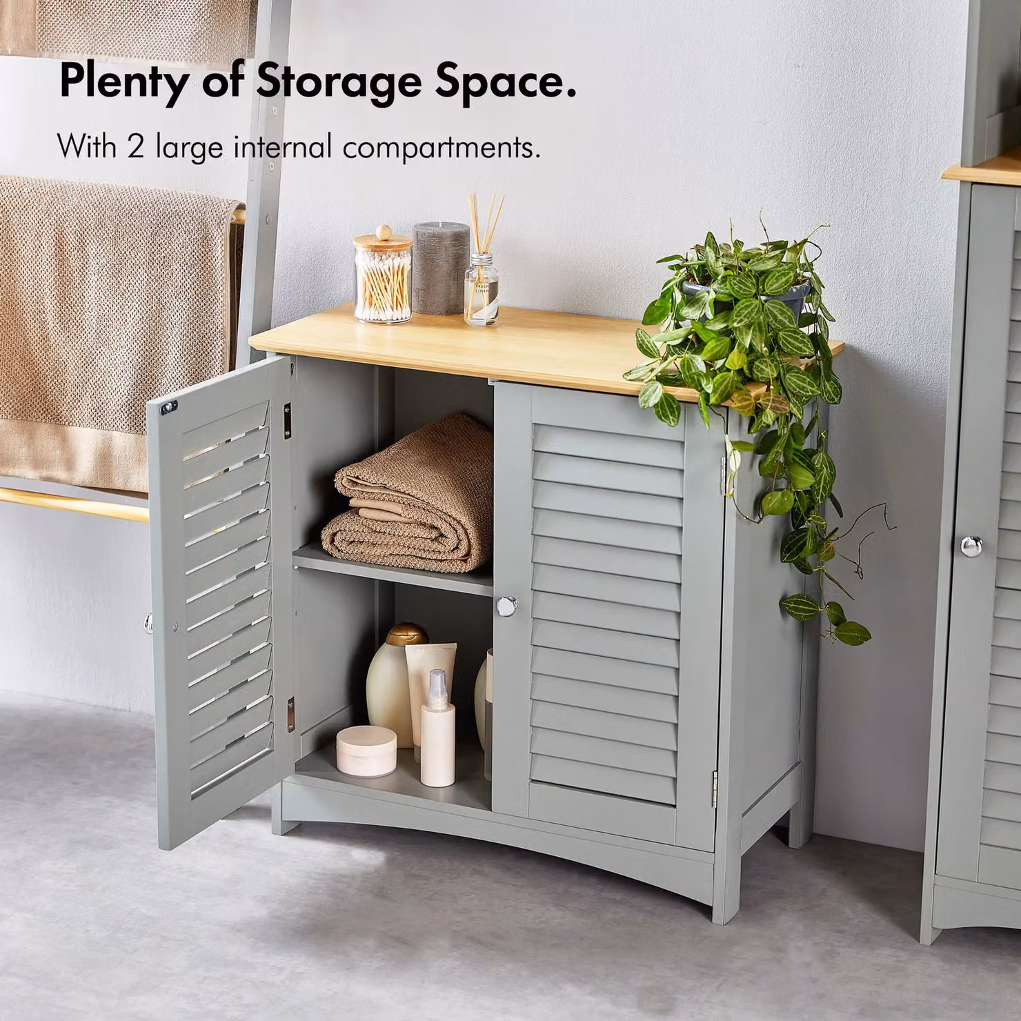 VonHaus Grey Freestanding Bathroom Storage Cabinet with Roll Shutter Doors and 2 Internal Shelves, W: 60 cm, D: 30 cm, H: 60 cm – 2