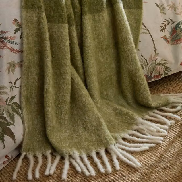 Laura Ashley Bronwen Woven Throw with Fringes, Olive Green, W: 130 cm, D: 170 cm