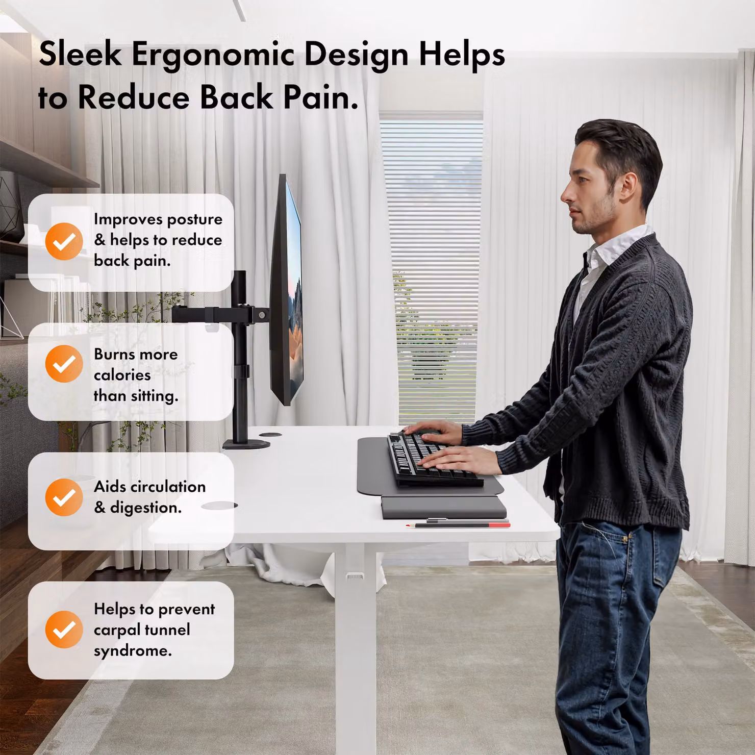VonHaus Electric Height Adjustable Standing Desk with USB-C Charging in Matt White – 3