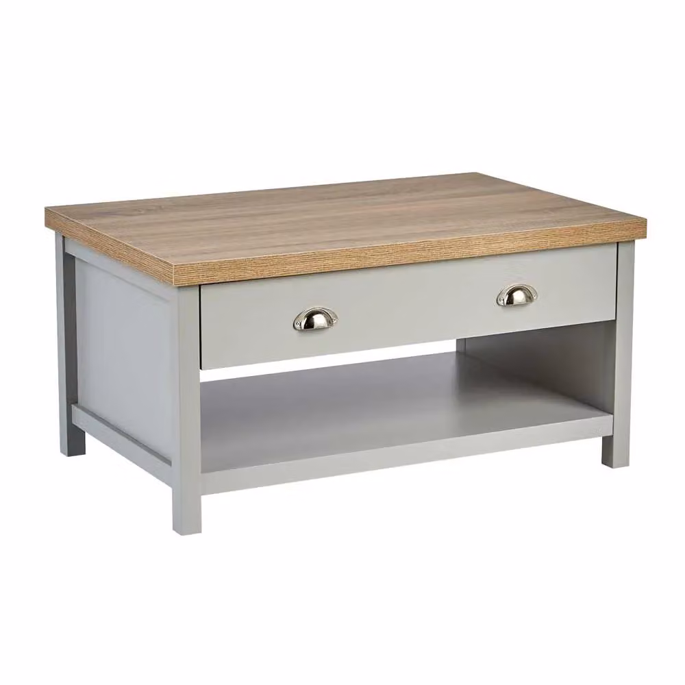 Home Source Modern Grey Coffee Table with 36mm Oak Top and 2 Drawers – 3