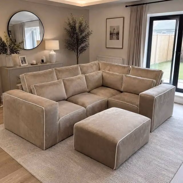 Home & Love Sloane Luxury Reversible L-Shape Corner Sofa in Brown Microfibre Fabric with Matching Ottoman – 1