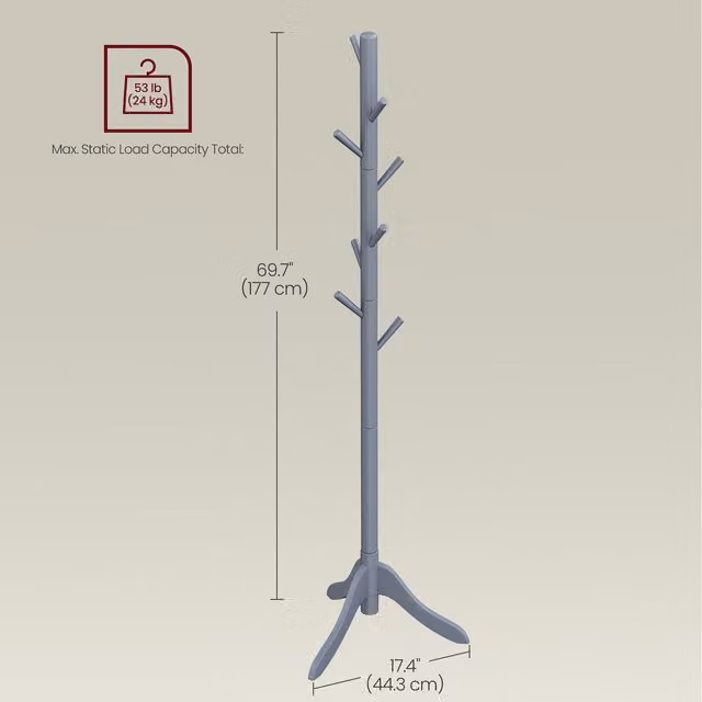 VASAGLE Solid Wood Tripod Coat Rack with 8 Hooks in Grey, Height: 177 cm