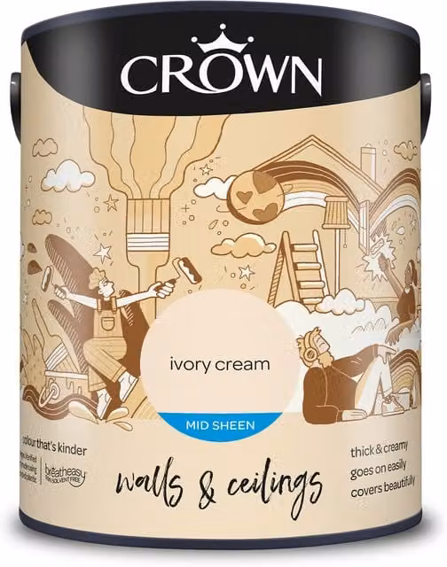 Crown Walls and Ceilings Mid Sheen Emulsion in Ivory Cream, 5 l