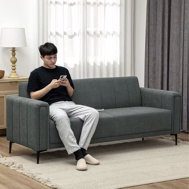 HOMCOM Grey Channel Tufted 3 Seater Fabric Sofa