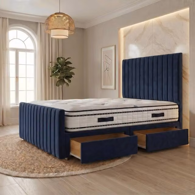 Somnior Eleanor Navy Blue Velvet Hybrid Divan Bed with 2 Drawers, Headboard and Footboard, W/D/H: 140 x 200 x 55.88 cm