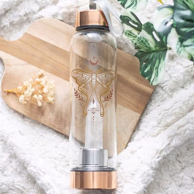 Luna Moth Clear Quartz Infused Glass Water Bottle, Transparent and Yellow, 500 ml