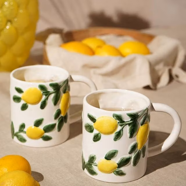 Hestia Set of 2 White Ceramic Floral Mugs