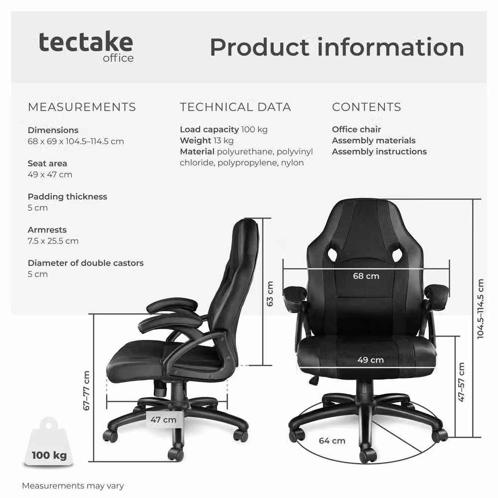 tectake Benny Gaming Chair in Black Fabric with Armrests and Swivel Function – 6