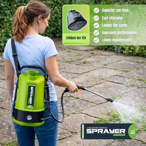 Pro-Kleen Cordless Battery Powered Knapsack Sprayer, 5L Green and Black Backpack Sprayer with 12V Rechargeable Battery, 80 PSI, 2 Nozzles and 38.1 inch Telescopic Wand for Garden and Lawn Care – 4
