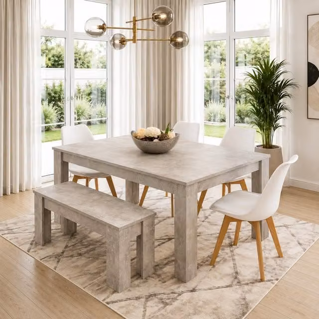 Kosy Koala Modern Rectangular Dining Set with Table, Chairs and Bench in Grey and White