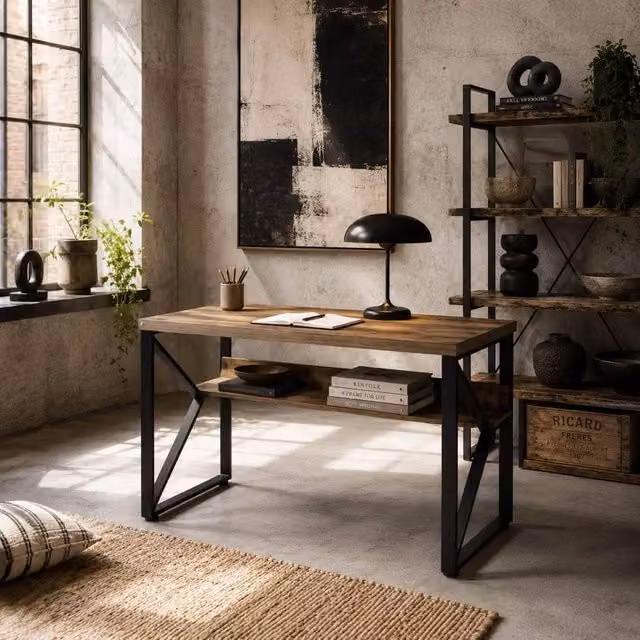 Wyld Haus Filudi Writing Desk in Black and Brown Wood Effect with Storage Shelf, W: 120 cm, D: 60 cm, H: 76 cm