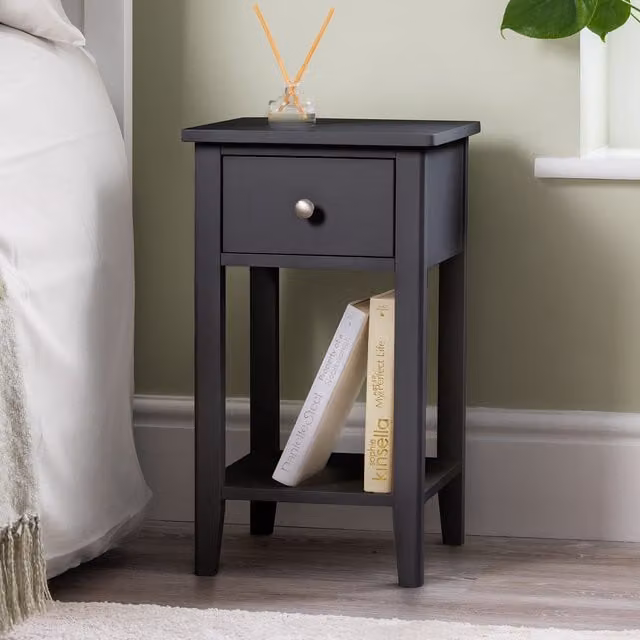 Christow Black Slim Bedside Table with One Drawer and Storage Shelf