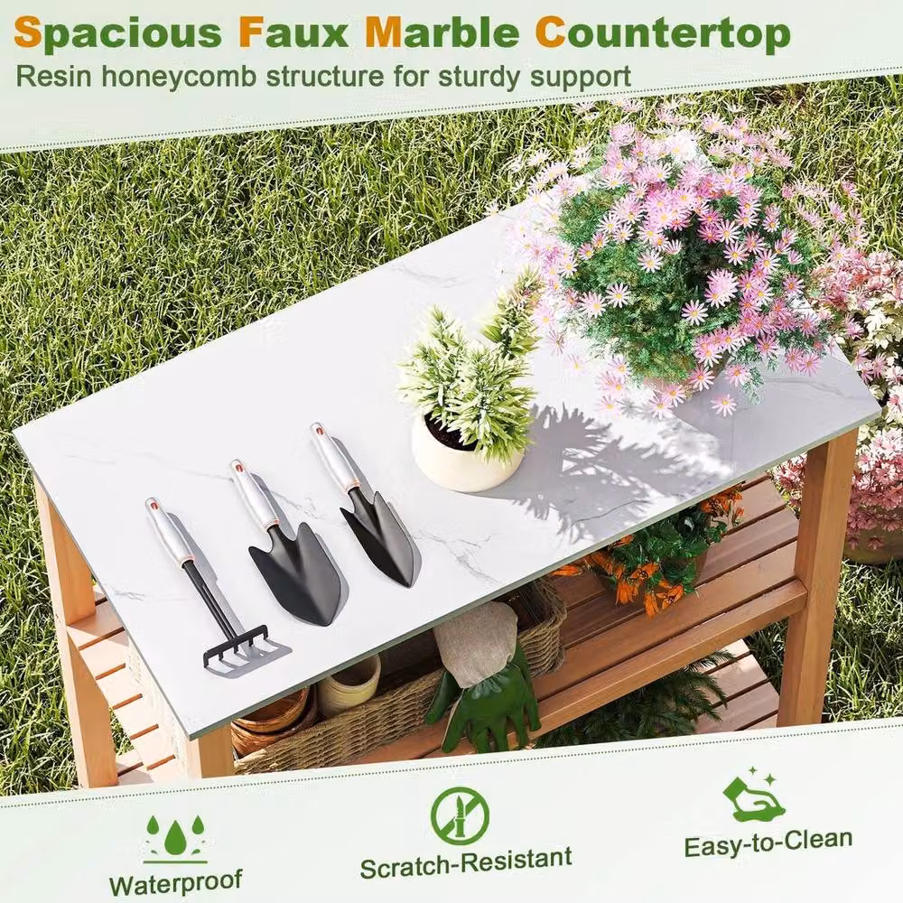 NESTLUNE Acacia Wood Outdoor Garden Potting Bench Table in White, W/D/H: 100 x 100 x 90 cm – 3