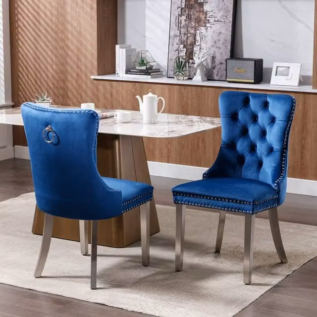 HomeTouch Set of 2 Luxie Velvet Dining Chairs with Silver Metal Legs in Blue