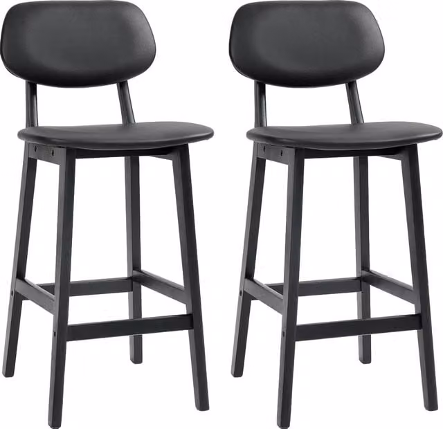 HOMCOM Set of 2 Modern Faux Leather Upholstered Bar Stools with Backs and Wood Legs, Black – 1