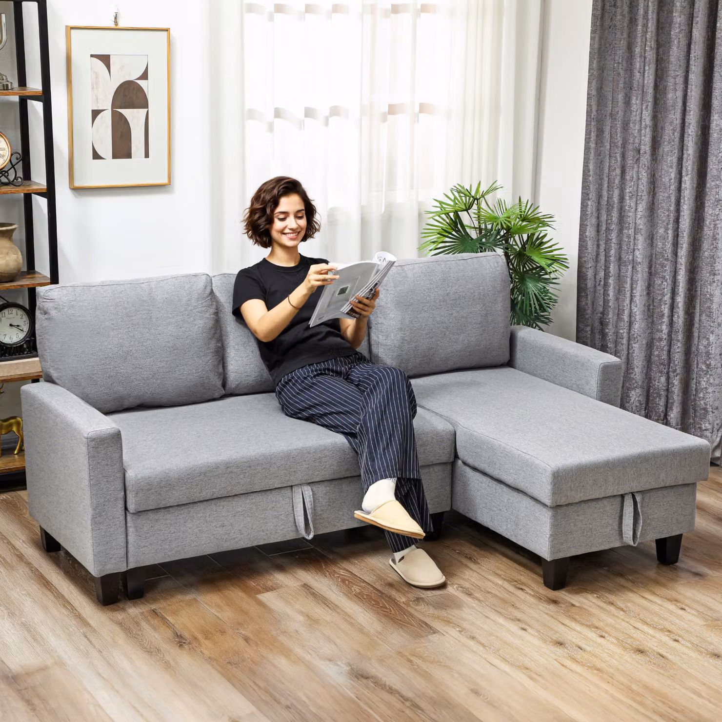 HOMCOM Grey Three-Seater Upholstered Storage Sofa Bed with Pull-Out Sleeping Function and Reversible L-Shape Design – 2