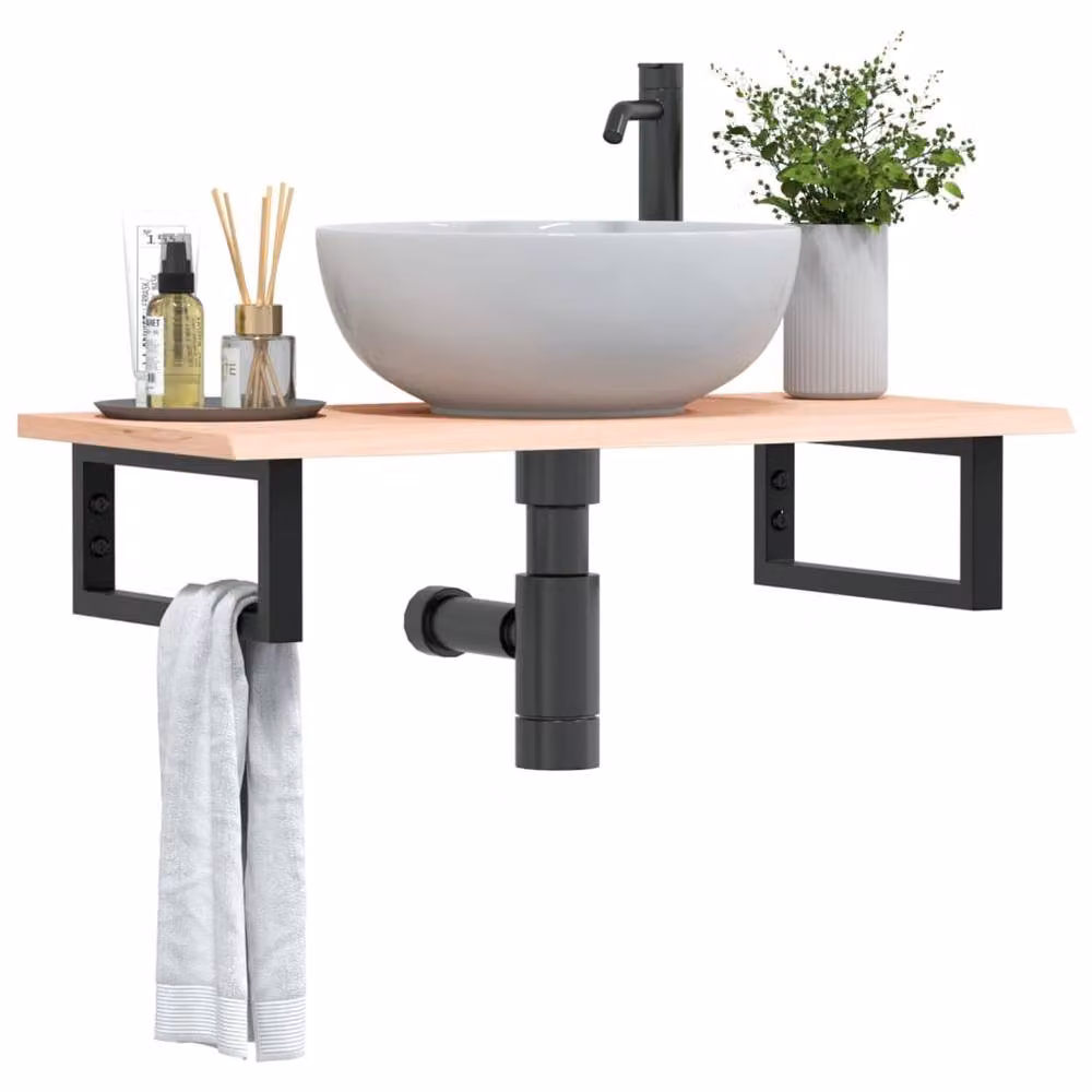 Berkfield Home Elegant Wall Mounted Basin Shelf in Light Oak and Black Steel – 2