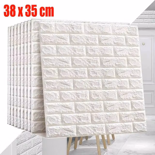 PAWNORA 5-Piece White 3D Tile Look Brick Wall Stickers in Polystyrene