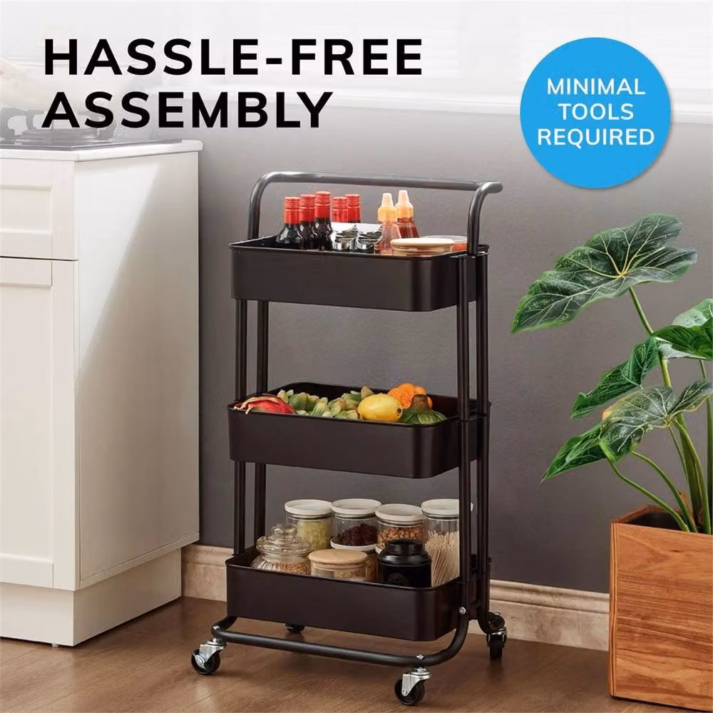 Nordara Black 3 Tier Metal Kitchen Storage Trolley Cart with Wheels – 4