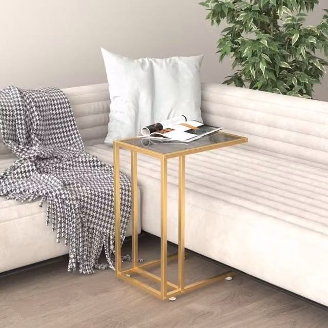 Berkfield Home Computer Side Table in Black and Gold with Tempered Glass, W: 50 cm, D: 35 cm, H: 65 cm