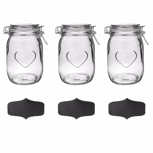 Nicola Spring Heart Shaped Glass Storage Jars with Airtight Clip Lids and Chalkboard Labels, 1000ml, Pack of 3, Transparent