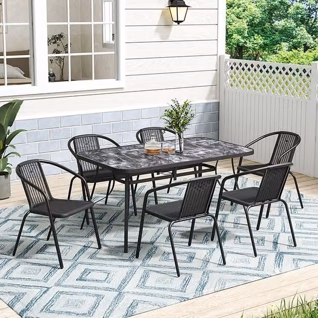 Lifeideas Black Marble Effect Rectangular Garden Table and 6 Chairs Set with Glass Top