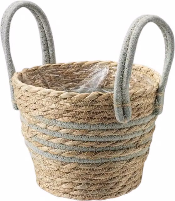 Kingsbury Gifts Woven Rattan Planter Basket with Green and Beige Stripes, Round Tabletop Design, Diameter: 15 cm, Height: 15 cm