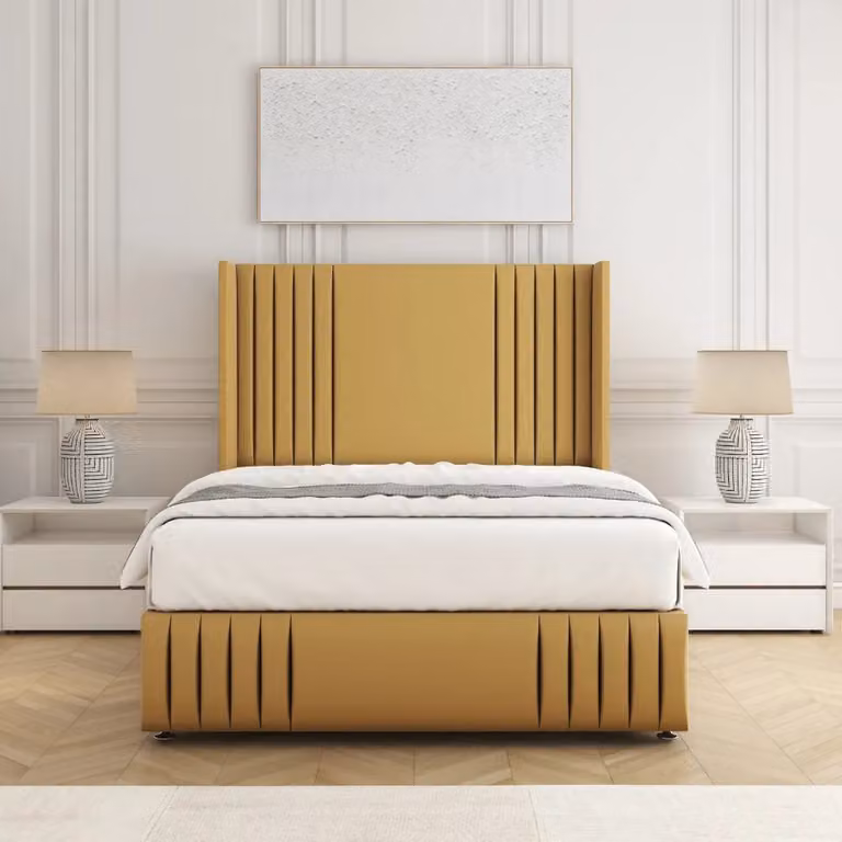 BSSPOKE Peyton Super King Divan Bed Set with 54 inch Headboard, 2 Drawers, Mattress and Footend in Mustard Yellow Velvet