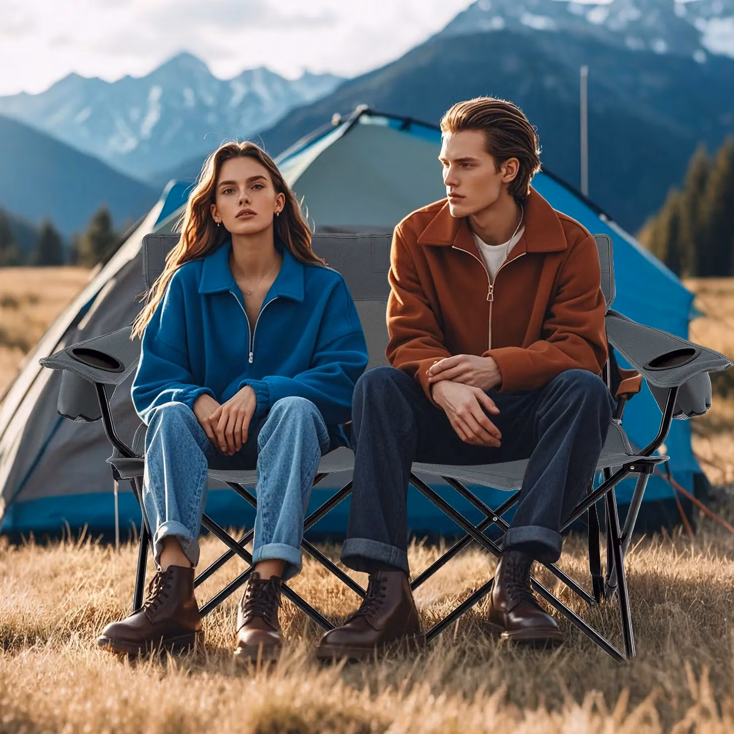 Gymax Oversized Double Camping Chair for 2 Adults in Grey with Metal Frame and Cup Holders – 7
