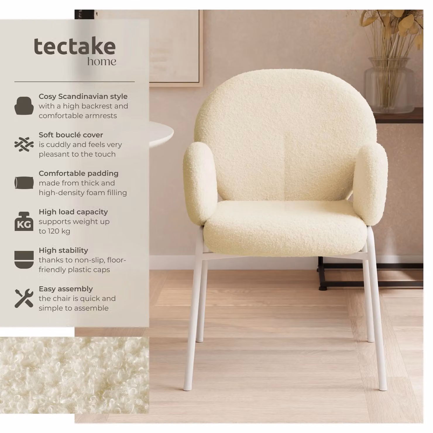 tectake Scandinavian Bouclé Dining Chair with Armrests in Beige – 2