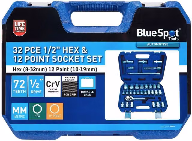 Bluespot Tools 32 Piece 1/2in Hex and 12 Point Socket Set in Chrome Vanadium