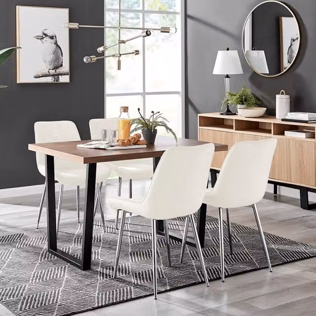 FurnitureboxUK Kylo Brown Wood Effect Dining Table and 4 Pesaro Cream Chairs with Silver Legs