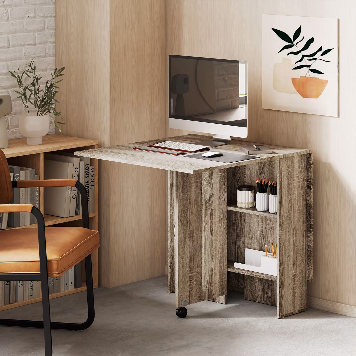 HOMCOM Grey Folding Kitchen Dining Table with 2-tier Shelves and Rolling Casters – 6