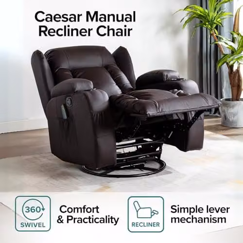More4Homes Caesar Bonded Leather 10-in-1 Winged Recliner Chair with Heat, Massage, Rocking and 360 Swivel Function in Brown – 8