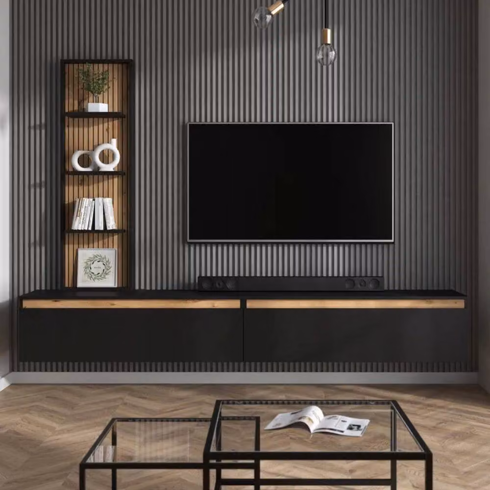 Heze Furniture Raven Oak Slat Detail Modern TV Media Unit with Wall Shelf, Black and Oak, Width: 230 cm – 2