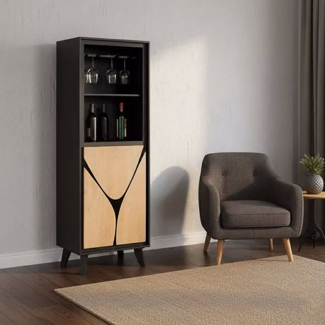 Dusk Mid Century Mango Wood Drinks Cabinet and Bookcase in Tan and Brown