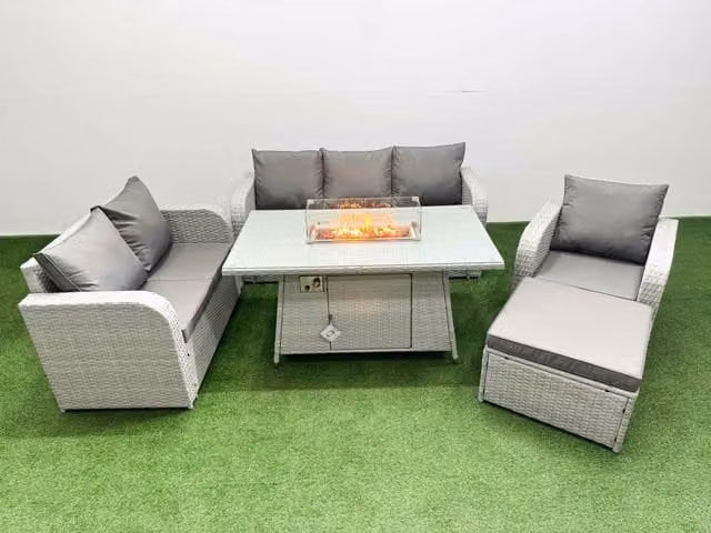 Fimous Patio 7 Seater Grey PE Wicker Rattan Outdoor Furniture Set with Firepit Dining Table, Reclining Chairs, Loveseat, 3 Seater Sofa and Footstool