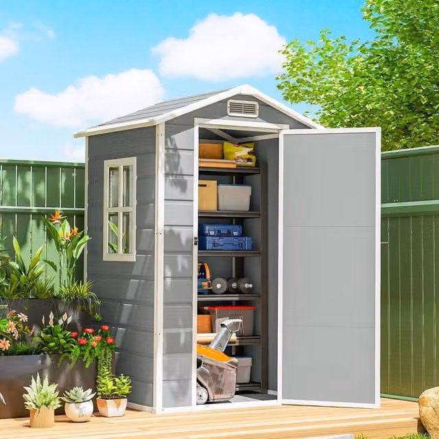 OUTSUNNY Plastic Garden Storage Shed with Window and Vent, Light Grey, W/D/H: 121.92 x 91.44 x 196 cm – 1
