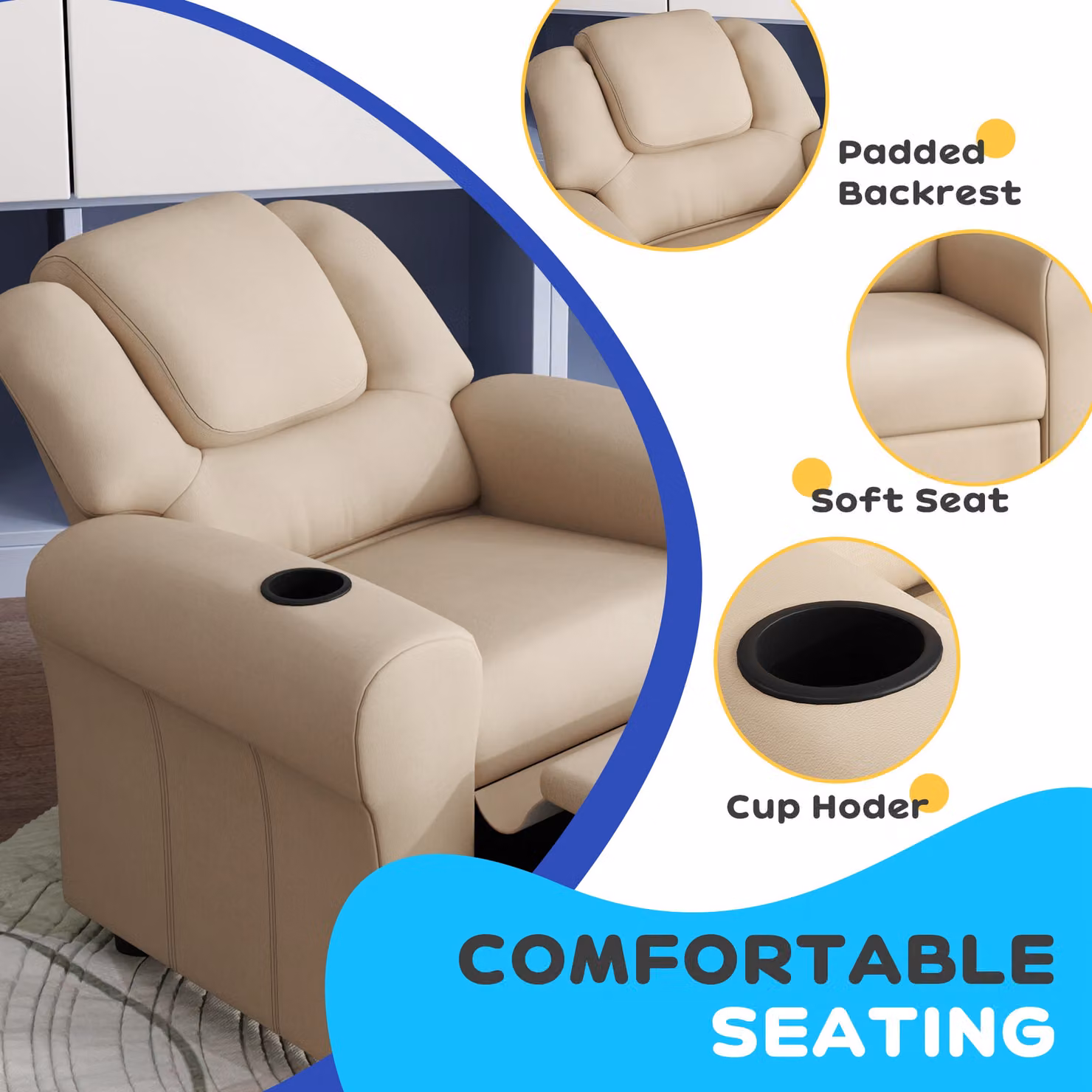 HOMCOM Kids Recliner Chair in Beige PU Leather with Adjustable Backrest and Footrest – 2