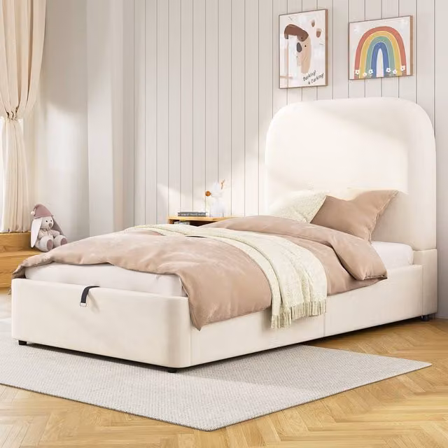 Merax Single Upholstered Velvet Ottoman Storage Bed Frame with Rounded Headboard in Beige, W/D/H: 90 x 190 x 150 cm
