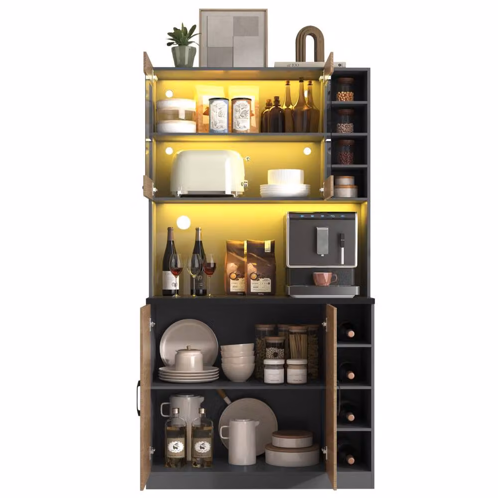 Merax Tall Kitchen Storage Cabinet Pantry with LED Open Shelves in White, Black or Beige – 6